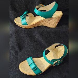 BAMBOO Teal Green Wedge Sandals with Cork Sole - Size 5.5